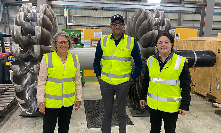 Image: (from L to R) Engineers Australia CEO Romilly Madew, GET participant Surendran Rajindram and Tammie Chu from Hydro Tasmania. 