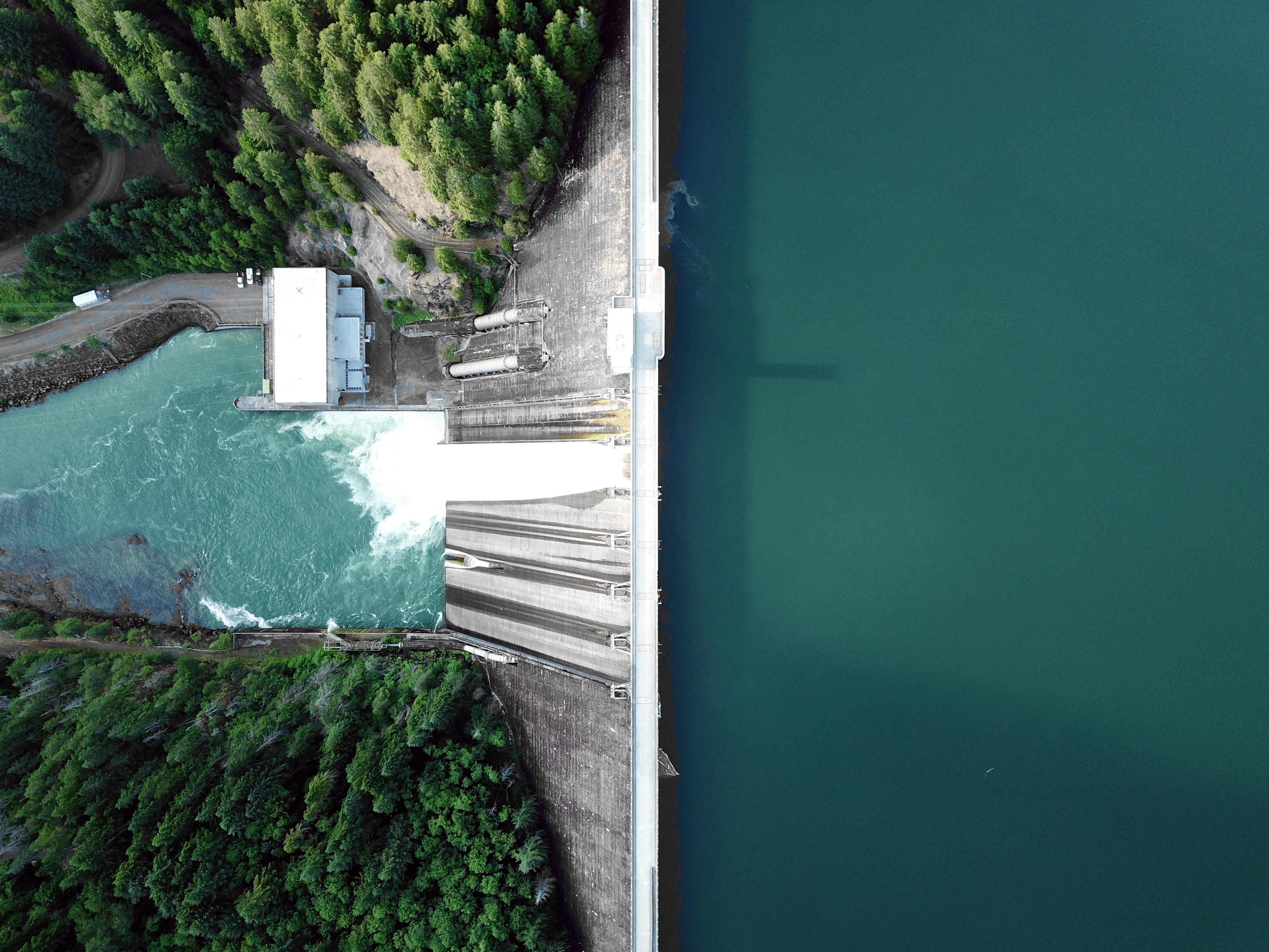 Drone image from above a large water dam