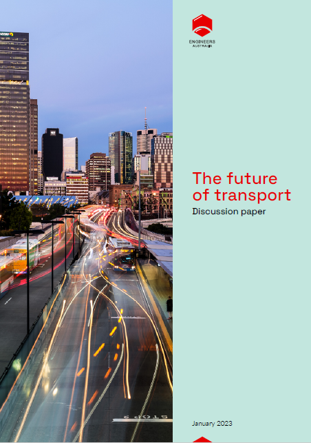 Future of transport paper cover featuring red text and an image of a highway in the middle of high rise buildings