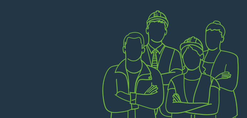 Digital drawing of male and female workers as a green outline on a navy blue background