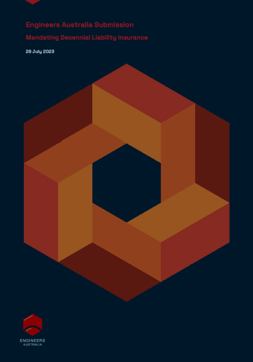 navy blue background with red and orange hexagonal graphic in the middle