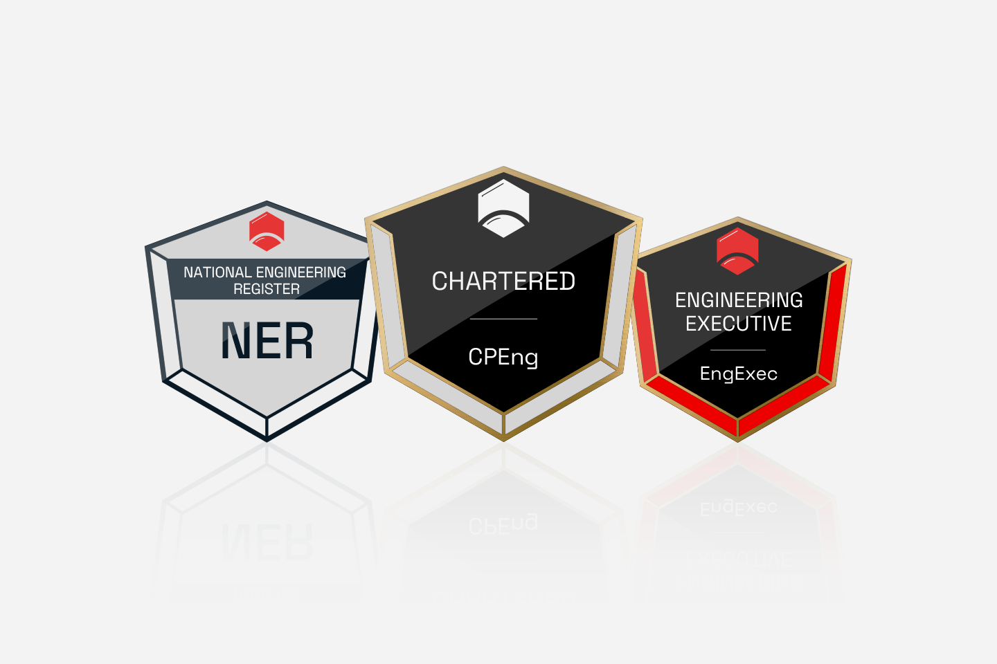 Three hexagonal graphics representing badges in silver, black and red 