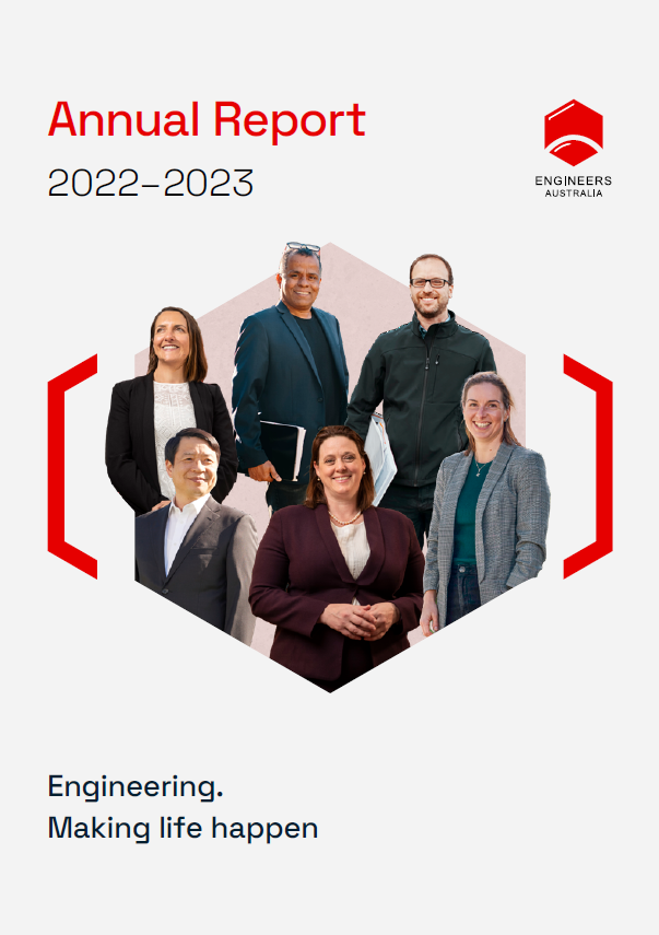 Document with grey background and red text reading 'Annual report'. Six people posing inside of a graphic of a hexagon with red brackets on either side.
