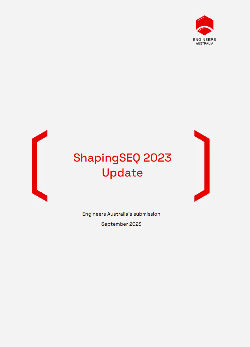 Grey background with red title, reading Shaping SEQ 2023 update,  in large red brakcets