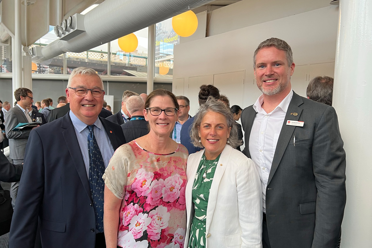 Image: (From L to R) Bruce Howard, HonFIEAust CPEng NER, Head Navy Engineering Rachel Durbin MIEAust CPEng NER, Romilly Madew AO and past NSW President Don Moloney FIEAust CPEng NER. 