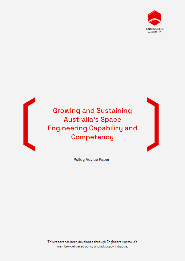 Grey background with red text reading 'growing and sustaining australia's space engineering capability and capacity' inside large red brackets