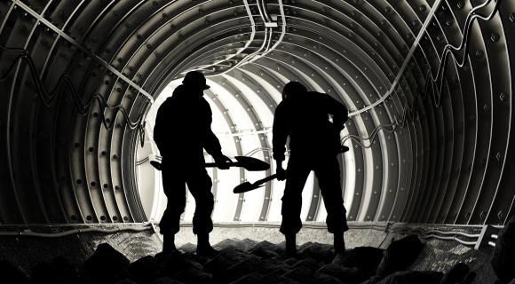 Silhouette of workers in a tunnel under construction